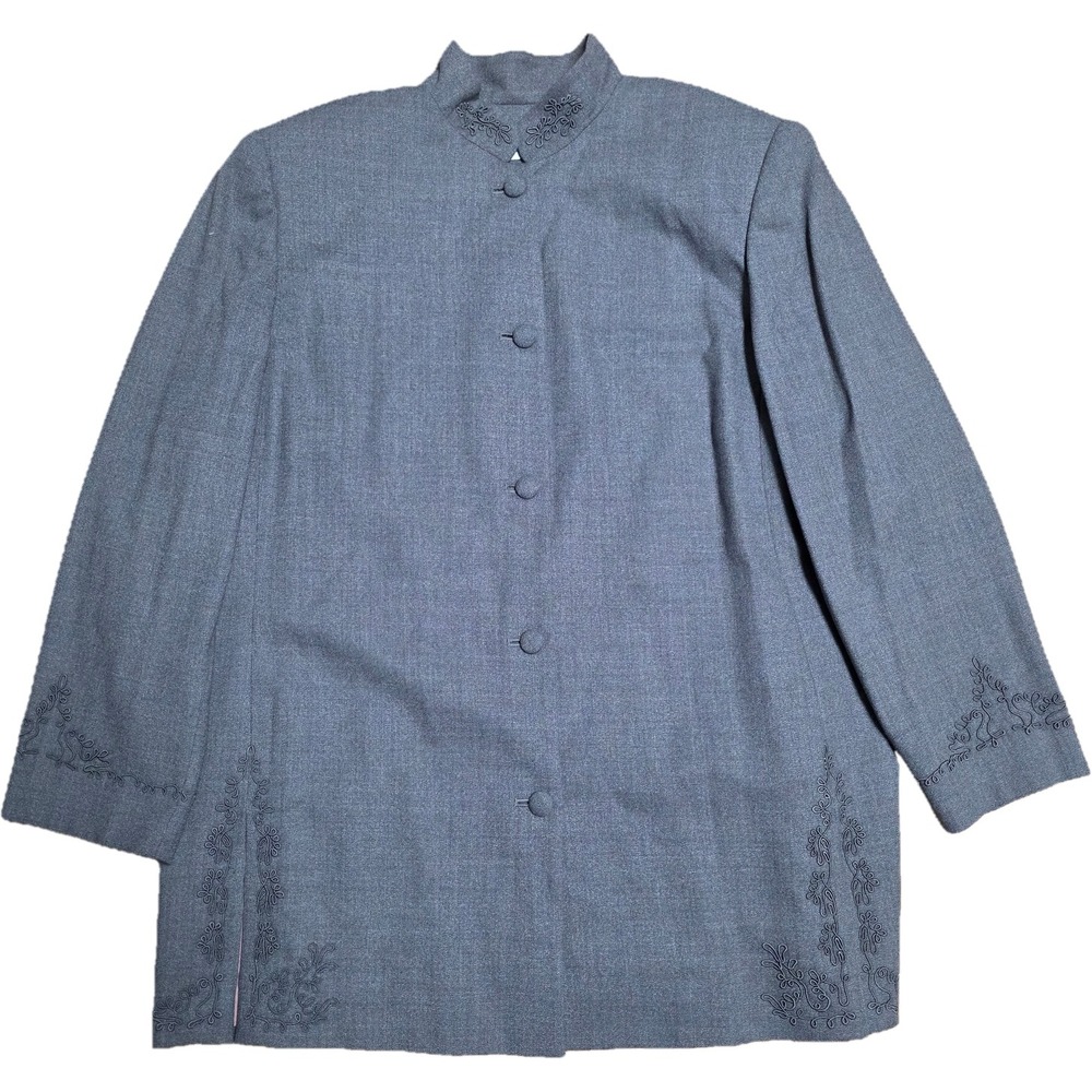 Valerie Stevens II Pure Wool Women's Gray Embroidered Mandarin Blazer Jacket 20W